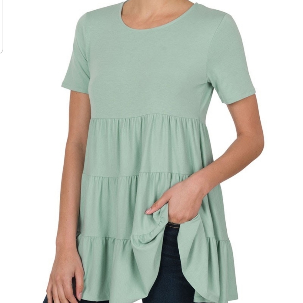 💛SHORT SLEEVE TIERED RUFFLE TUNIC - DUSTY GREEN💛